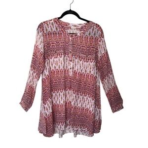 RN Creme Tunic Top Boho Paisley Print Button Down Long Sleeve Women Medium
